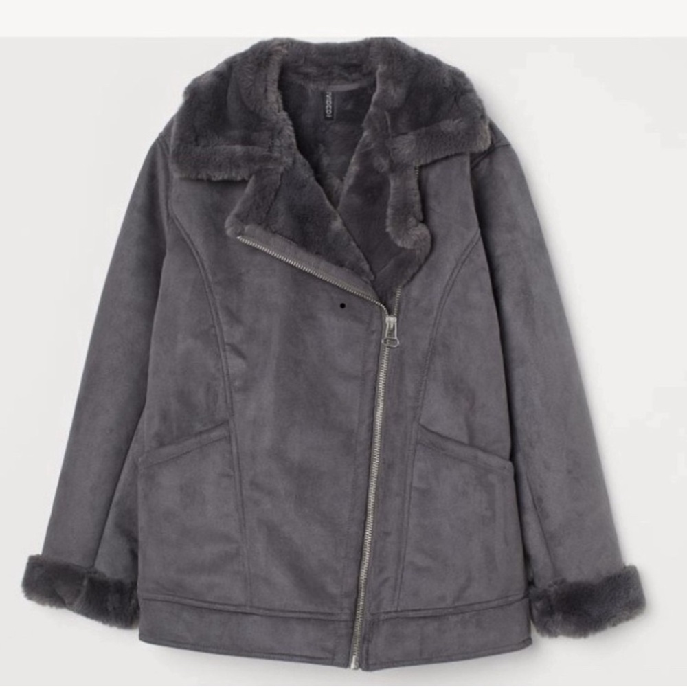 H&M Divided Faux Shearling Moto Jacket – Cozy Lined, Winter Essential (Small)